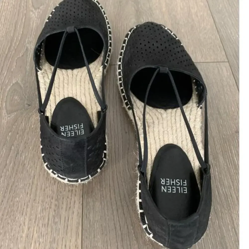 Eileen Fisher Lee 2 Espadrille‎ Flats Black Tumbled Nubuck Perforated Size 8